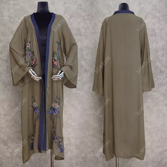 New! Olive Floral Embroidered Kimono Duster - Picture 4 of 10